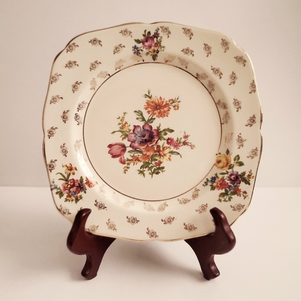 Elegant Vintage H&K Tunstall Collector Plate Gold Accents Floral Sampler Pattern